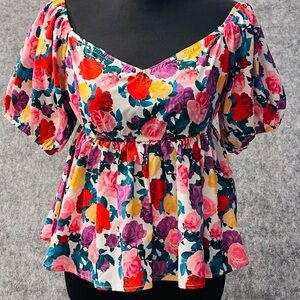 SHEIN White Floral Peplum Short Sleeve Top - Multicolor Roses